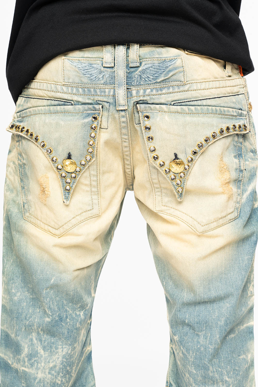 MENS SHORT WITH FLAP POCKETS IN 5D NEDIUM BROKEN WASH WITH  LARGE CRYSTALS - Image 4
