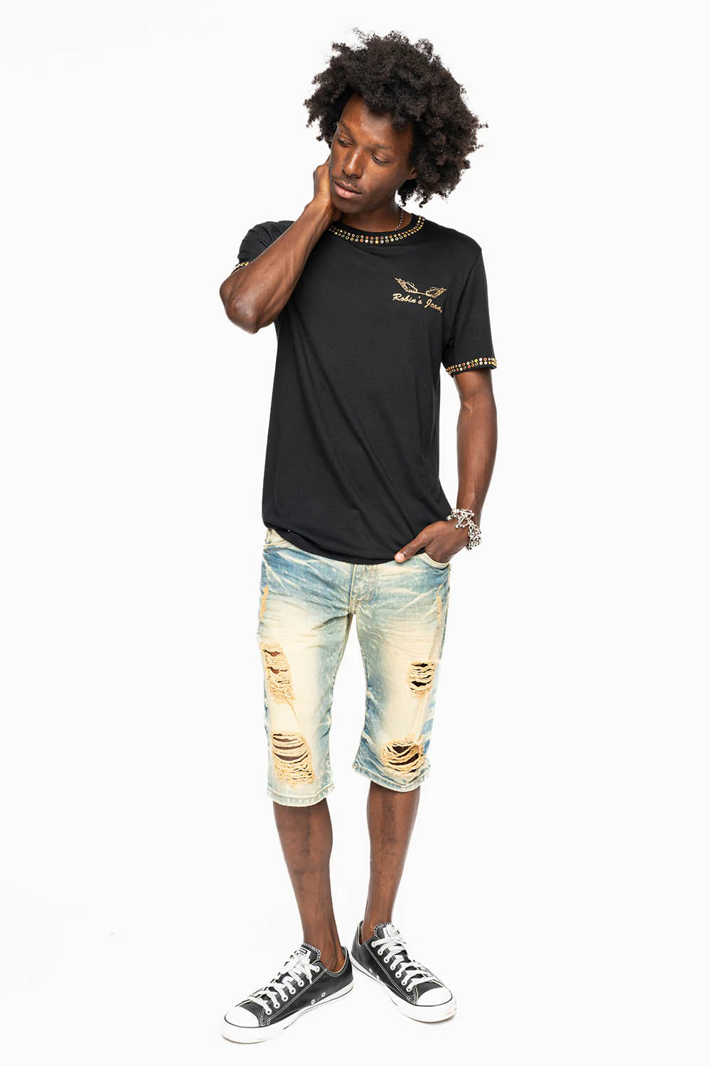MENS SHORT WITH FLAP POCKETS IN 5D NEDIUM BROKEN WASH WITH  LARGE CRYSTALS - Image 7