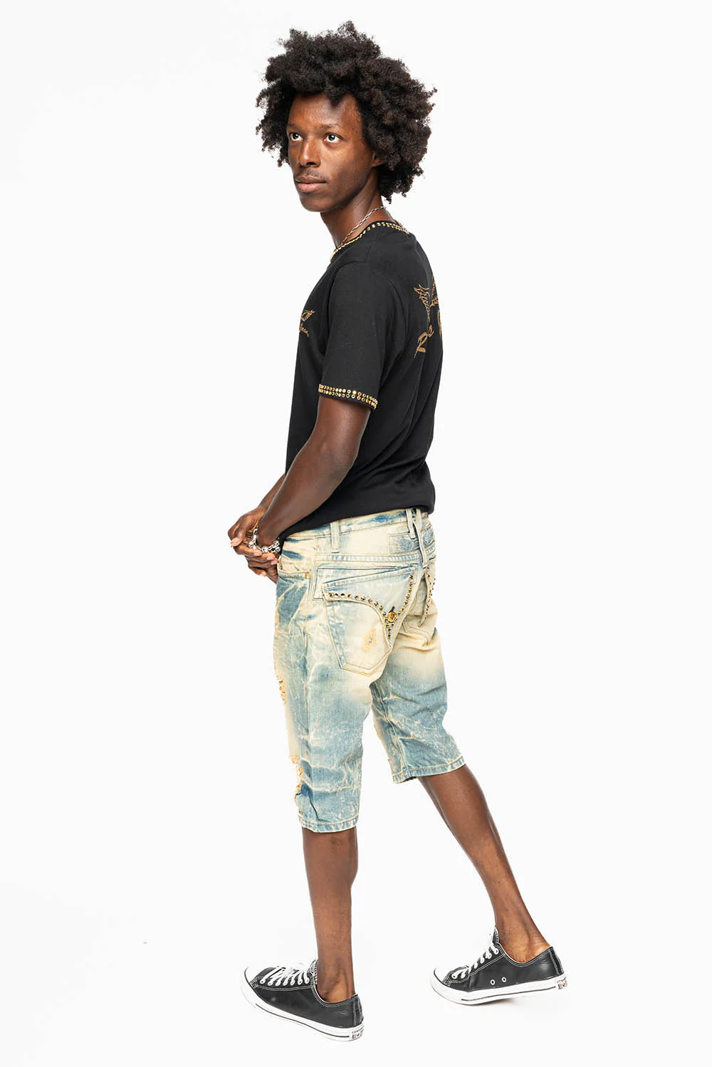 MENS SHORT WITH FLAP POCKETS IN 5D NEDIUM BROKEN WASH WITH  LARGE CRYSTALS - Image 8