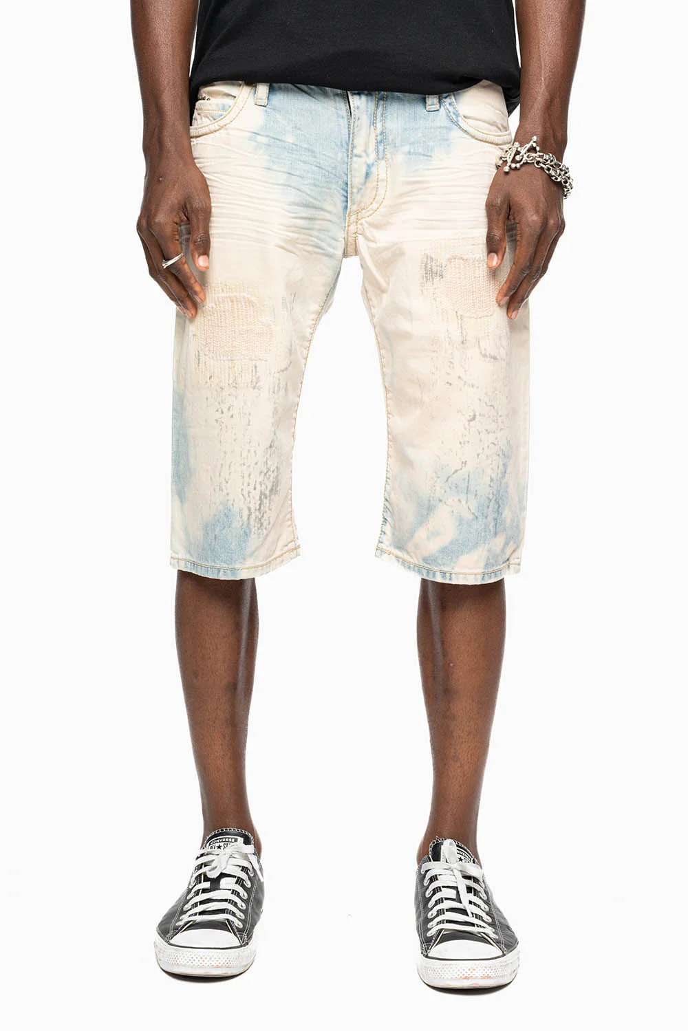 MENS SHORT WITH FLAP POCKETS IN COLOR BROKEN BACKING WASH WITH  CRYSTALS AND STUDS - Image 2