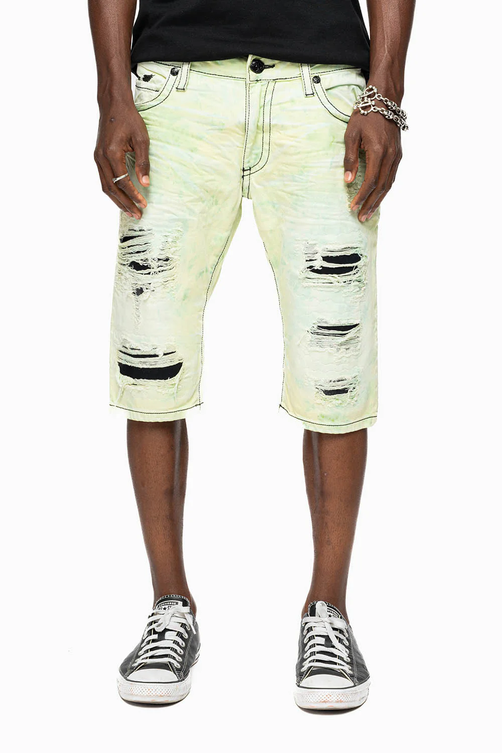 MENS SHORT WITH FLAP POCKETS IN KEY LIME BROKEN BACKING WASH WITH  CRYSTALS AND STUDS - Image 2