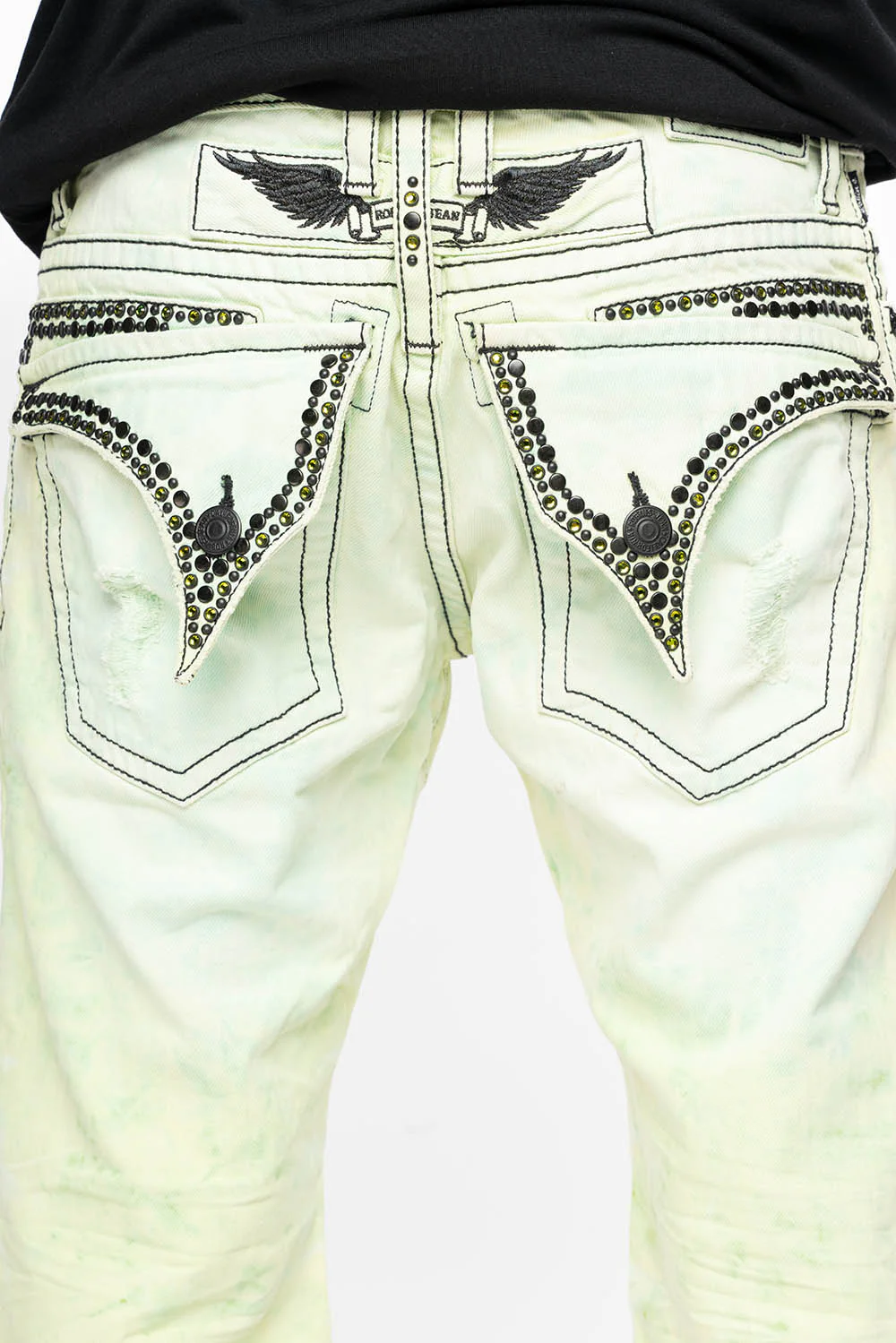 MENS SHORT WITH FLAP POCKETS IN KEY LIME BROKEN BACKING WASH WITH  CRYSTALS AND STUDS - Image 3