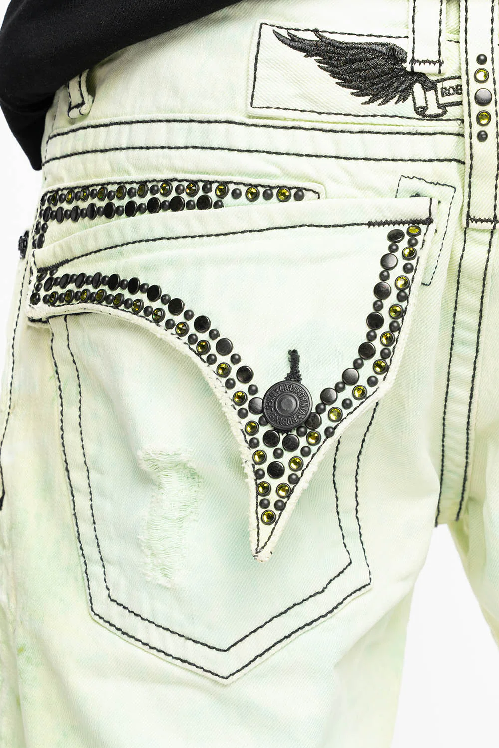 MENS SHORT WITH FLAP POCKETS IN KEY LIME BROKEN BACKING WASH WITH  CRYSTALS AND STUDS - Image 4