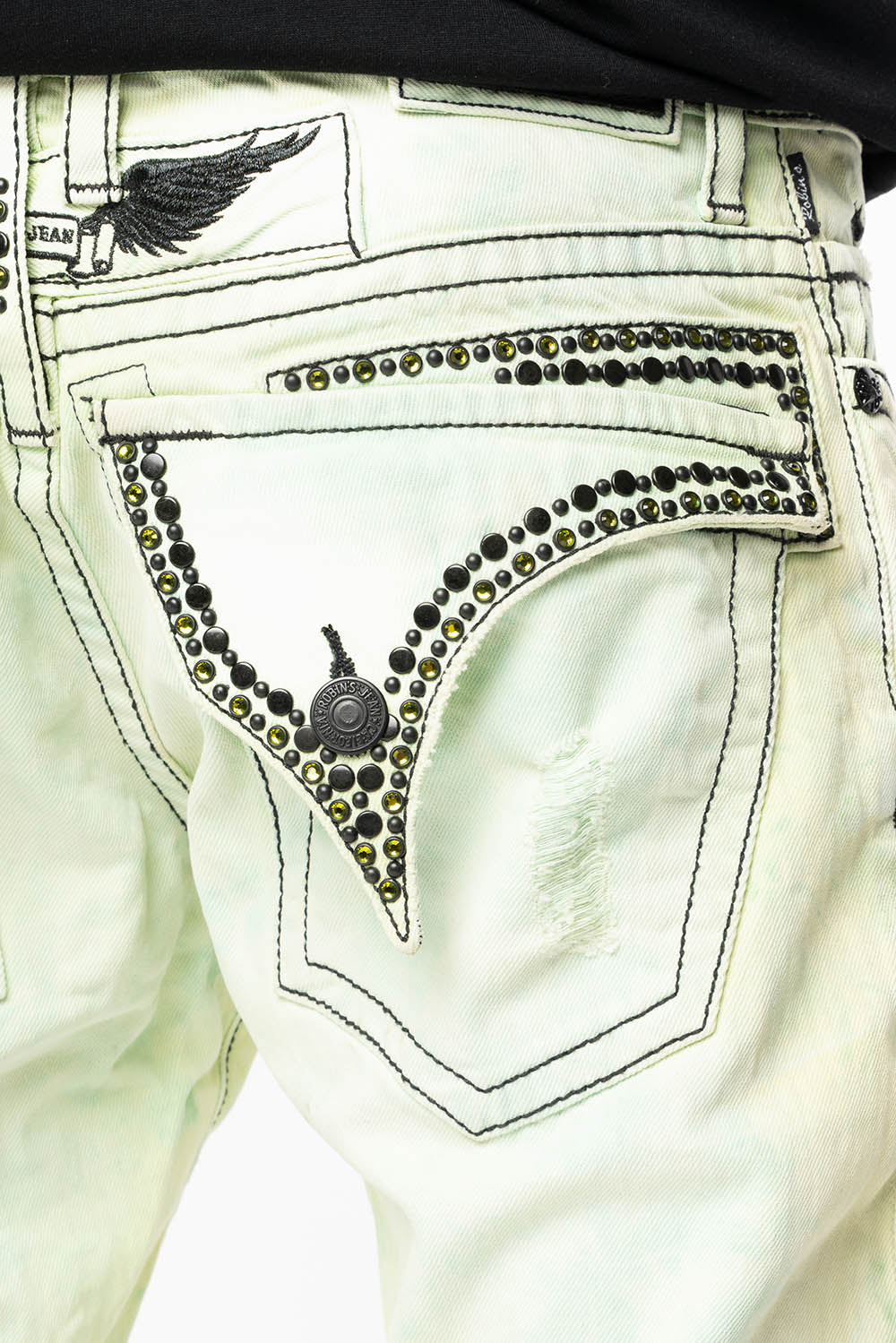 MENS SHORT WITH FLAP POCKETS IN KEY LIME BROKEN BACKING WASH WITH  CRYSTALS AND STUDS - Image 5