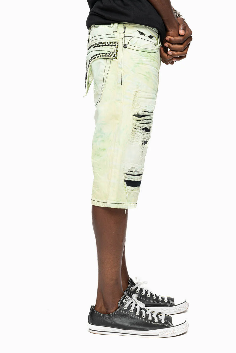 MENS SHORT WITH FLAP POCKETS IN KEY LIME BROKEN BACKING WASH WITH  CRYSTALS AND STUDS - Image 6