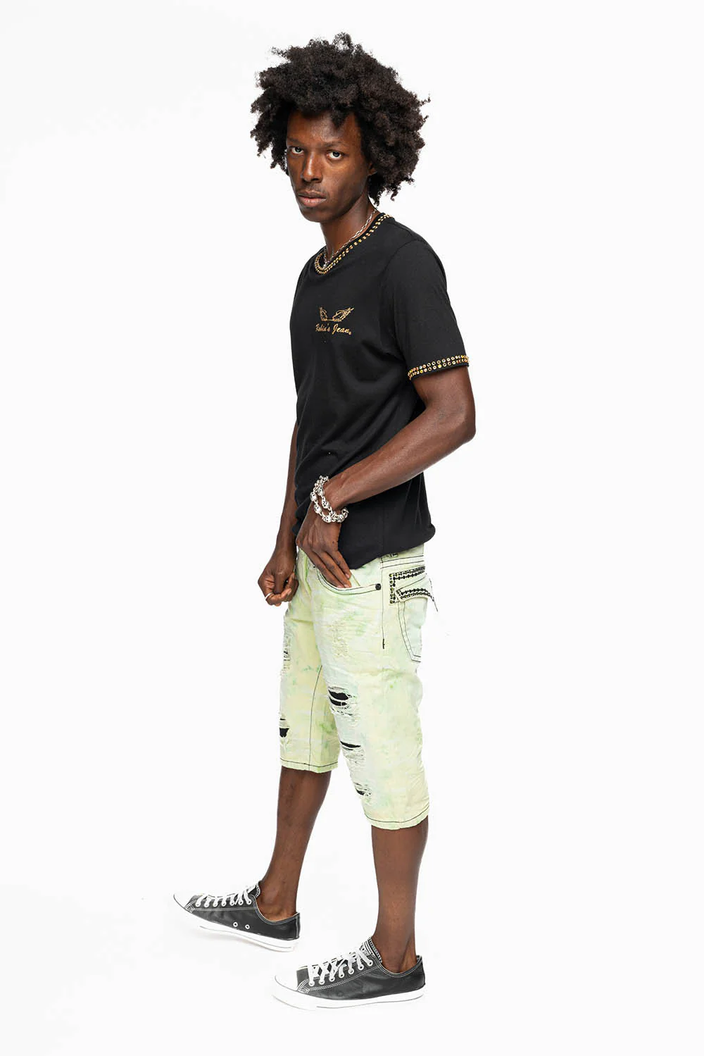 MENS SHORT WITH FLAP POCKETS IN KEY LIME BROKEN BACKING WASH WITH  CRYSTALS AND STUDS - Image 7