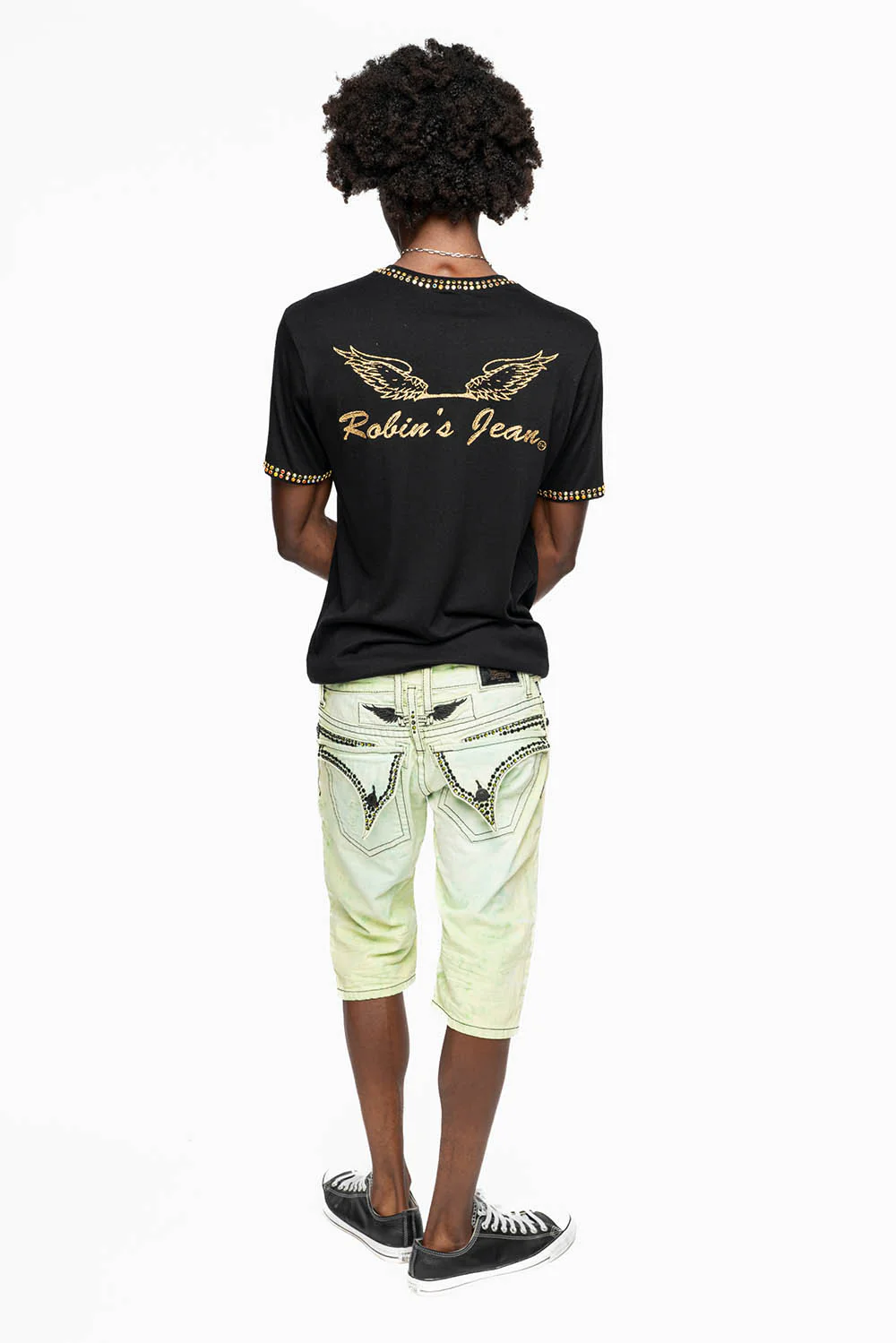 MENS SHORT WITH FLAP POCKETS IN KEY LIME BROKEN BACKING WASH WITH  CRYSTALS AND STUDS - Image 8