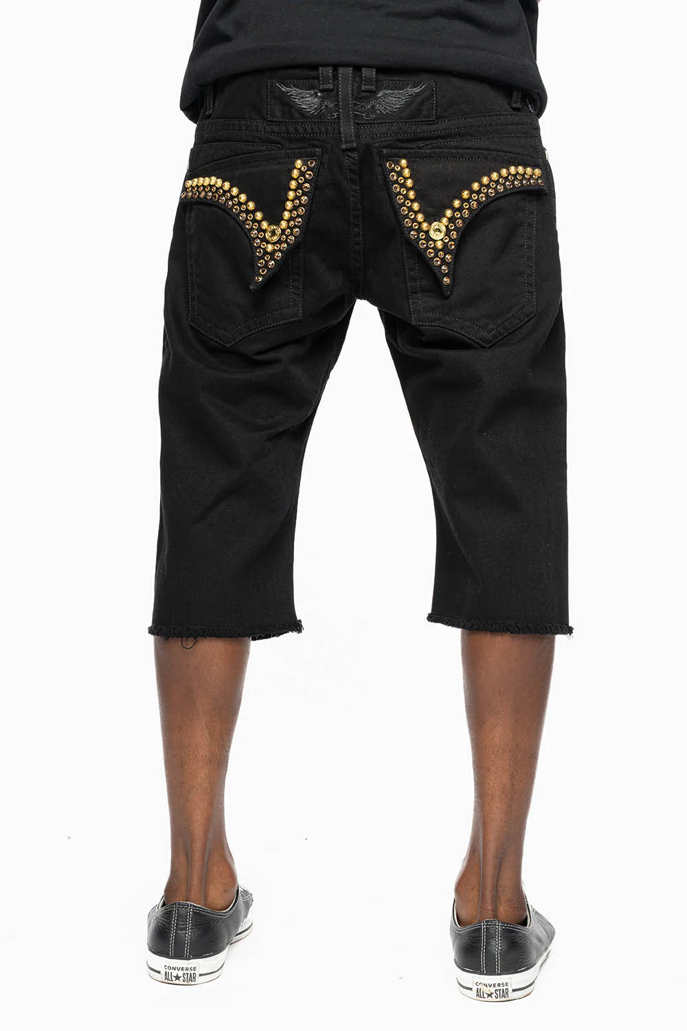 MENS SHORT WITH FLAP POCKETS IN PURE BLK WASH WITH  SMOKEY TOPAZ CRYSTALS AND PARACHUTE STUDS - Image 2