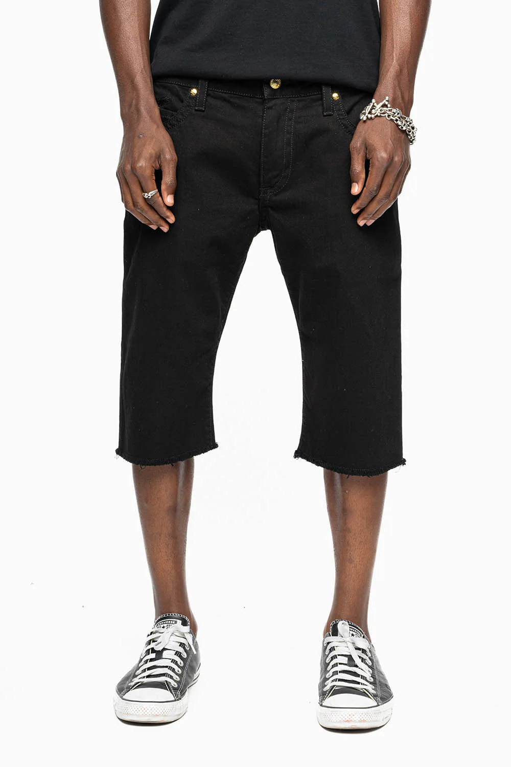 MENS SHORT WITH FLAP POCKETS IN PURE BLK WASH WITH  SMOKEY TOPAZ CRYSTALS AND PARACHUTE STUDS - Image 3