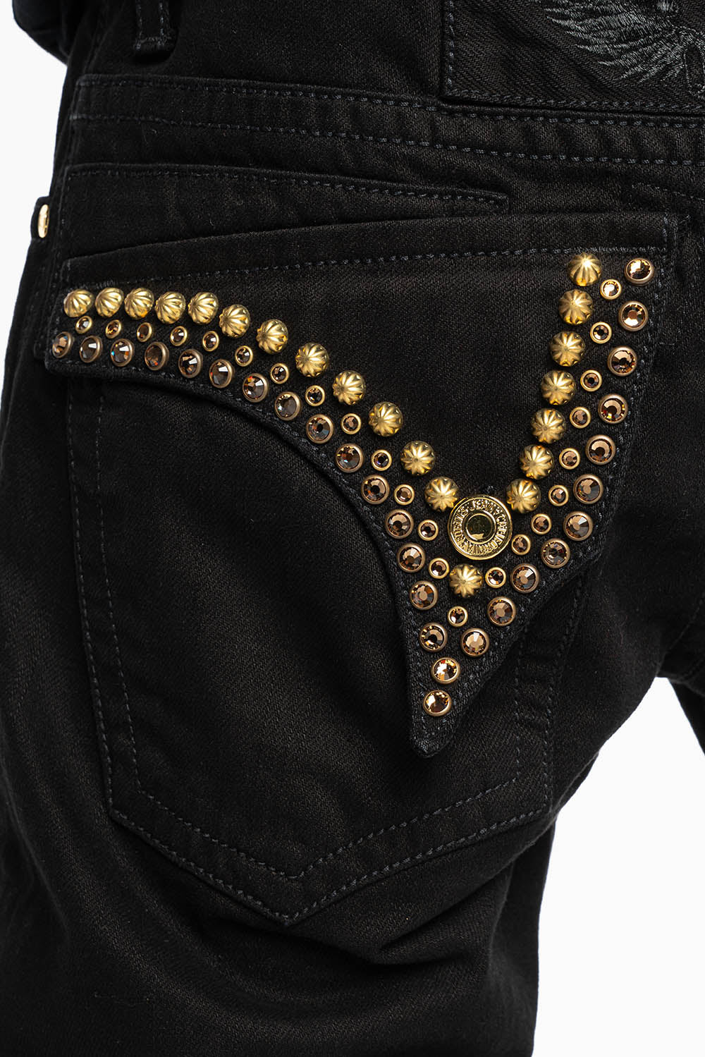 MENS SHORT WITH FLAP POCKETS IN PURE BLK WASH WITH  SMOKEY TOPAZ CRYSTALS AND PARACHUTE STUDS - Image 4