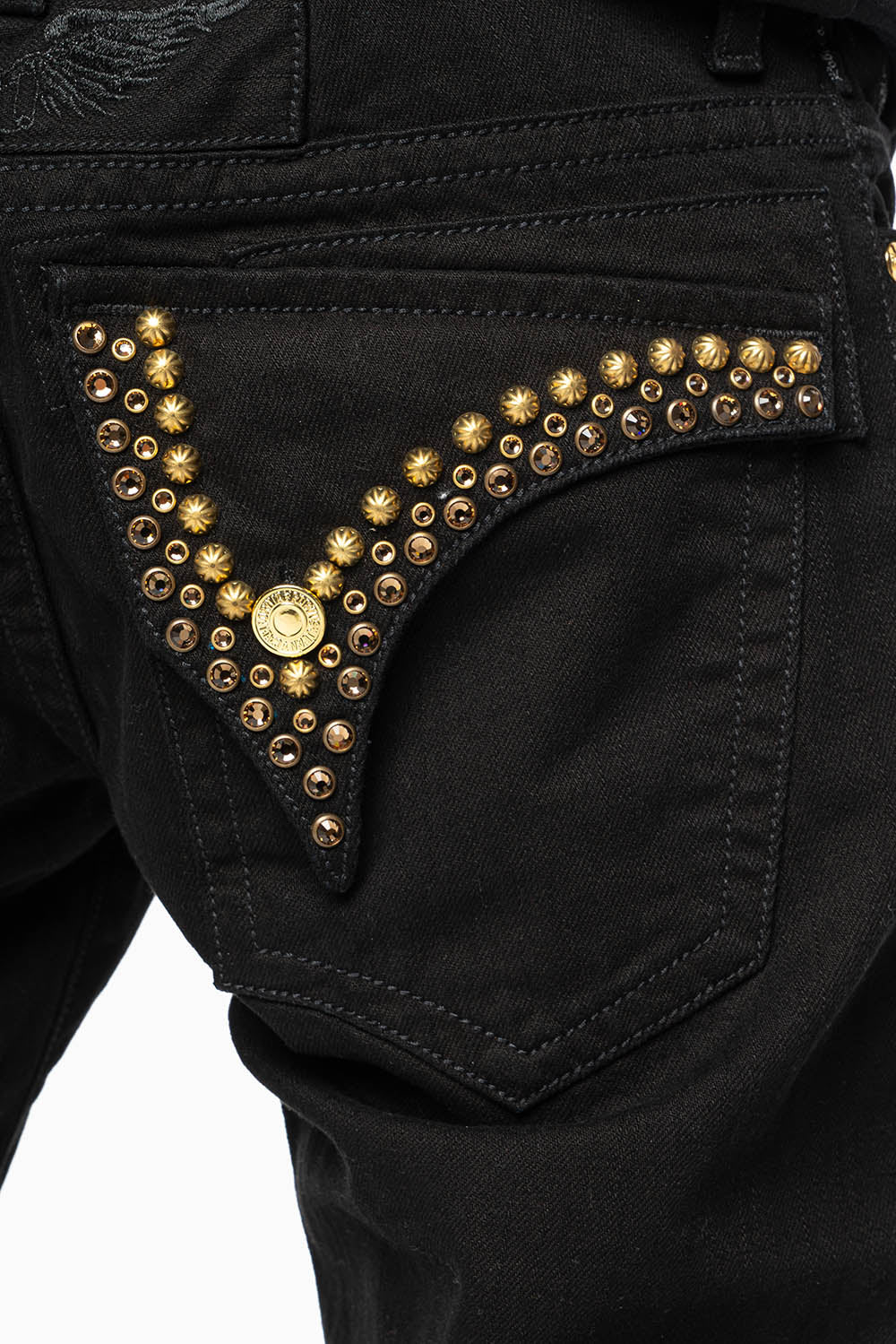 MENS SHORT WITH FLAP POCKETS IN PURE BLK WASH WITH  SMOKEY TOPAZ CRYSTALS AND PARACHUTE STUDS - Image 5