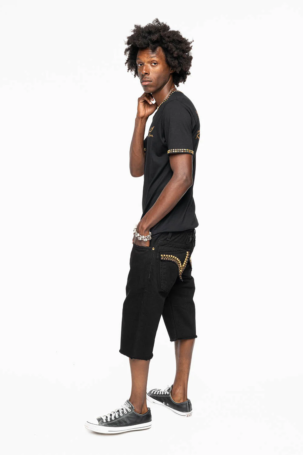 MENS SHORT WITH FLAP POCKETS IN PURE BLK WASH WITH  SMOKEY TOPAZ CRYSTALS AND PARACHUTE STUDS - Image 7