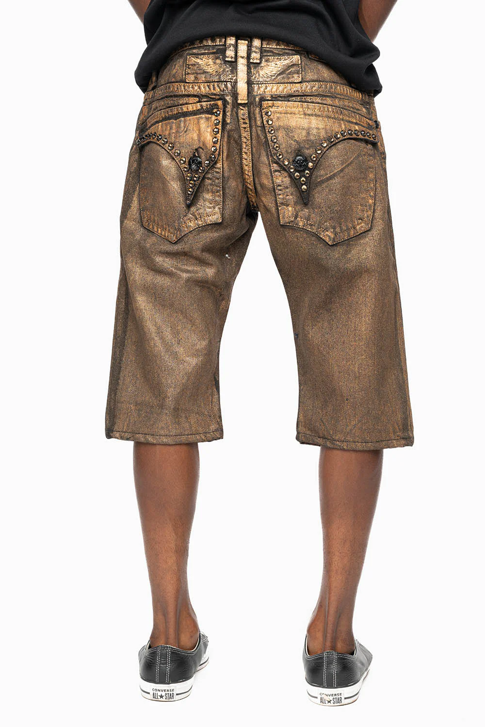 MENS SHORT WITH FLAP POCKETS IN RUSH GOLD WASH WITH  XLARGE SMOKEY TOPAZ CRYSTALS - Image 2