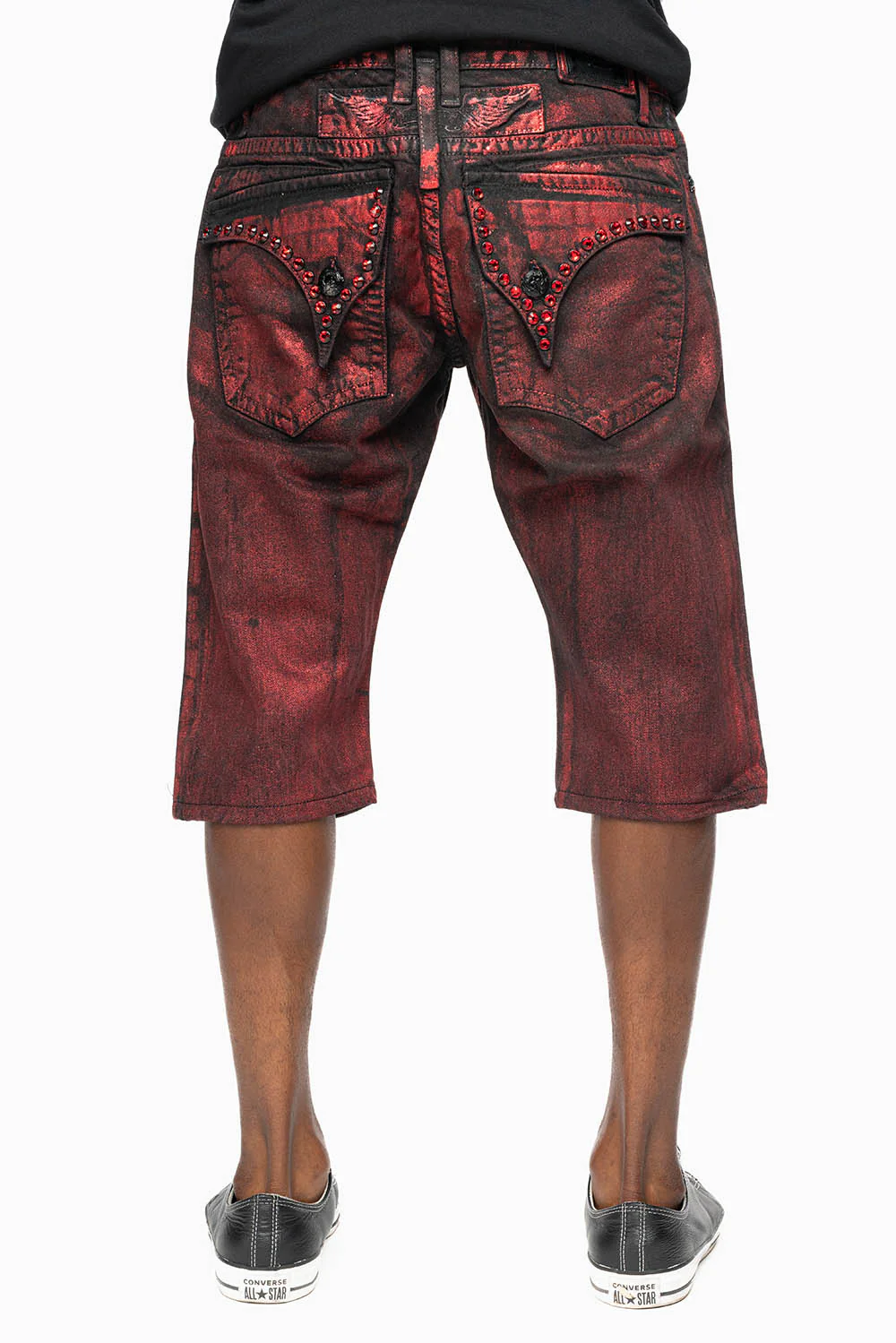 MENS SHORT WITH FLAP POCKETS IN RUSH RED WASH WITH XLARGE RED CRYSTALS