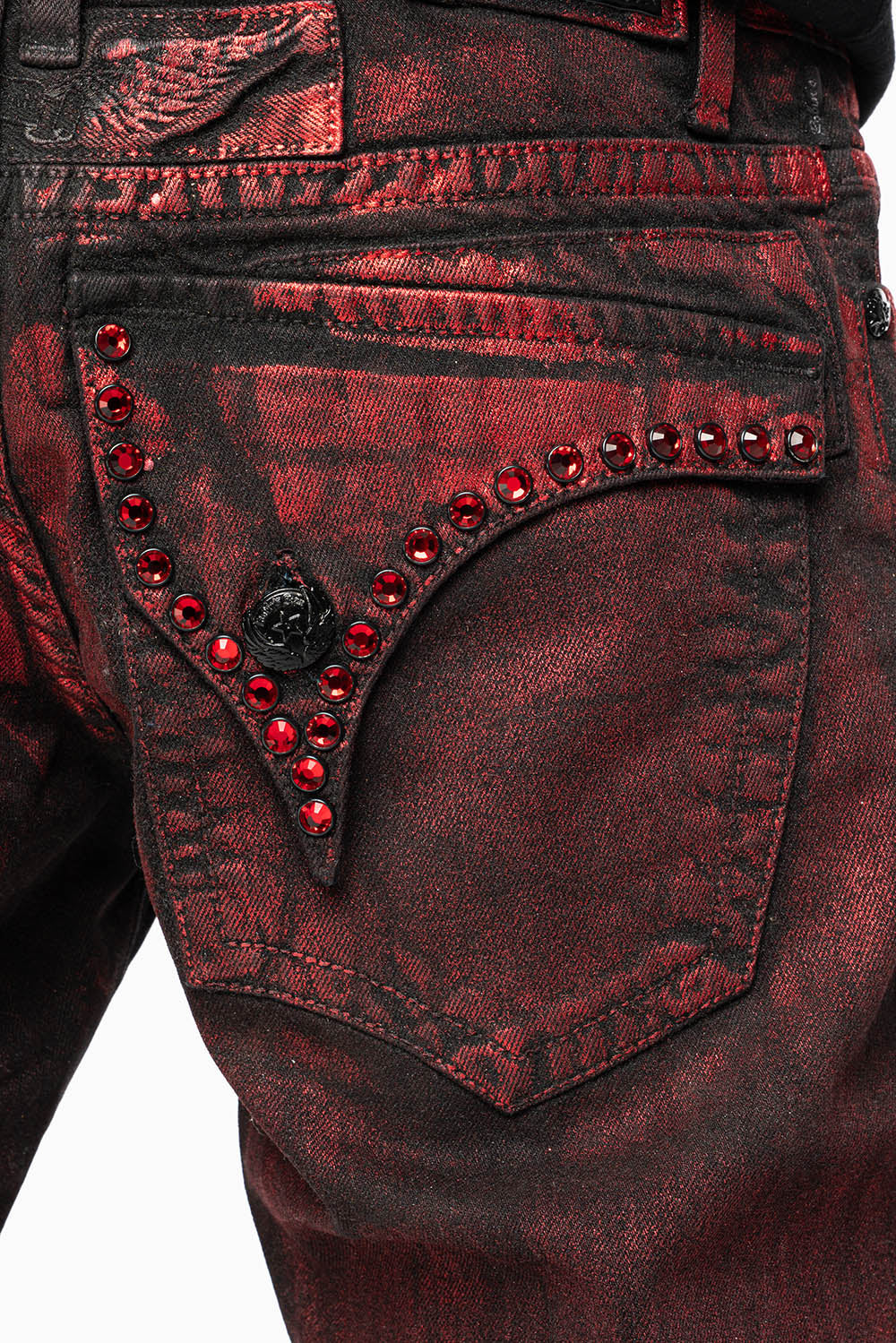 MENS SHORT WITH FLAP POCKETS IN RUSH RED WASH WITH XLARGE RED CRYSTALS - Image 5