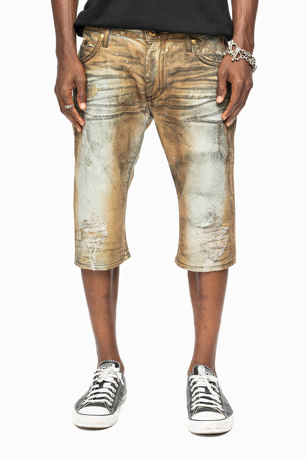 MENS SHORT WITH FLAP POCKETS IN TREVOR BROKEN REPAIRED WASH WITH CRYSTALS - Image 2