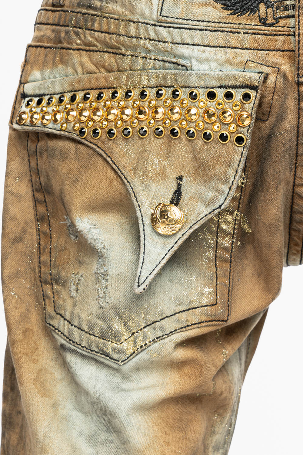MENS SHORT WITH FLAP POCKETS IN TREVOR BROKEN REPAIRED WASH WITH CRYSTALS - Image 3