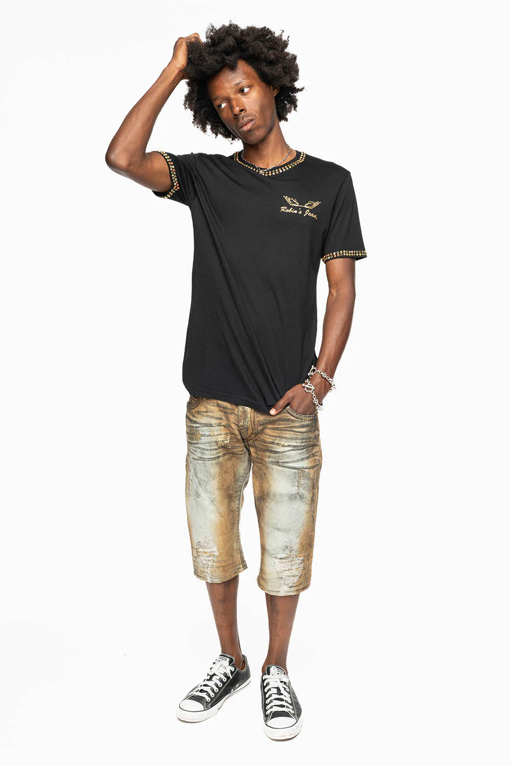 MENS SHORT WITH FLAP POCKETS IN TREVOR BROKEN REPAIRED WASH WITH CRYSTALS - Image 7