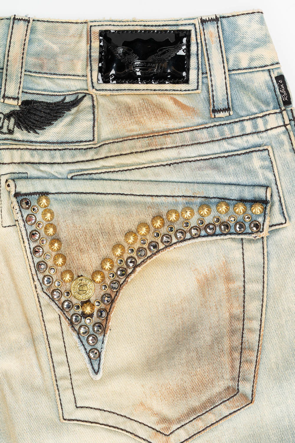MENS SHORT WITH FLAP POCKETS IN VAGABOND REPAIRED WASH WITH CRYSTALS AND STUDS - Image 2