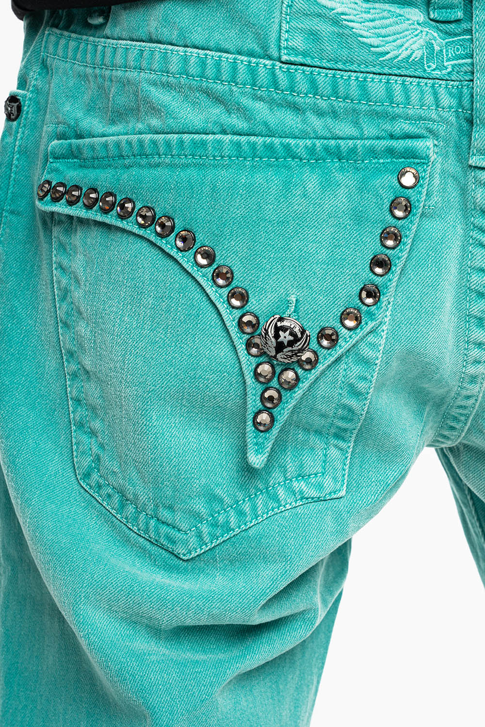 MENS SHORTS WITH KILLER FLAP POCKETS IN SULFUR TEAL WASH WITH XL BLK DIAMOND CRYSTALS - Image 2