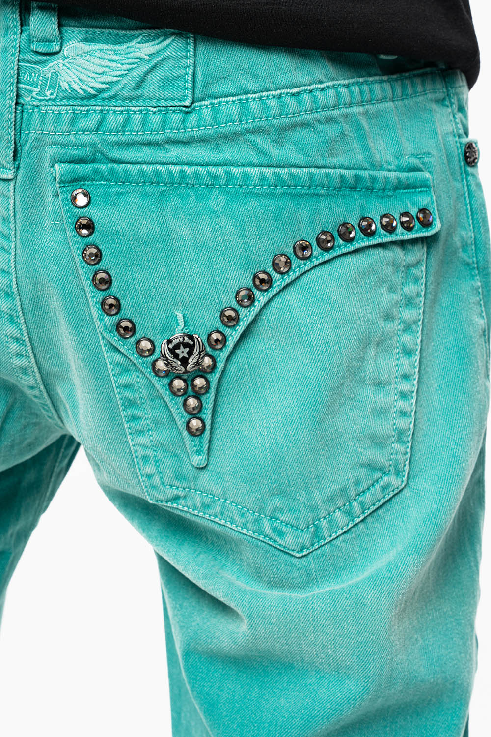 MENS SHORTS WITH KILLER FLAP POCKETS IN SULFUR TEAL WASH WITH XL BLK DIAMOND CRYSTALS - Image 3