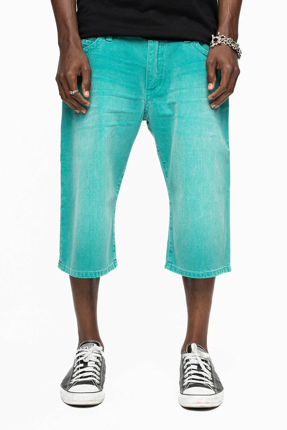 MENS SHORTS WITH KILLER FLAP POCKETS IN SULFUR TEAL WASH WITH XL BLK DIAMOND CRYSTALS - Image 4