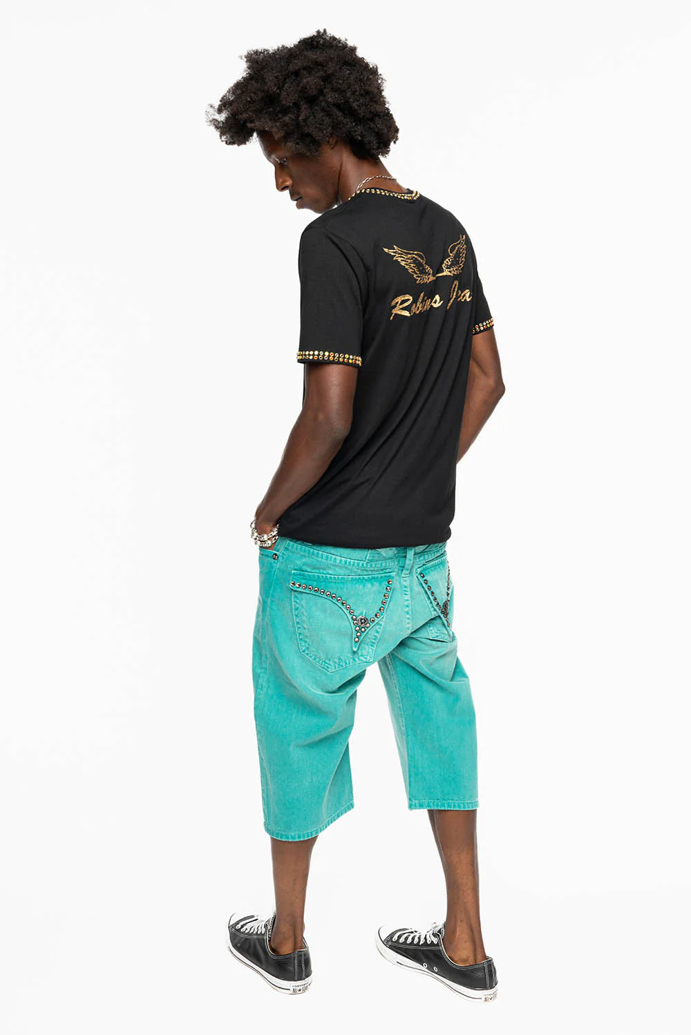 MENS SHORTS WITH KILLER FLAP POCKETS IN SULFUR TEAL WASH WITH XL BLK DIAMOND CRYSTALS - Image 7