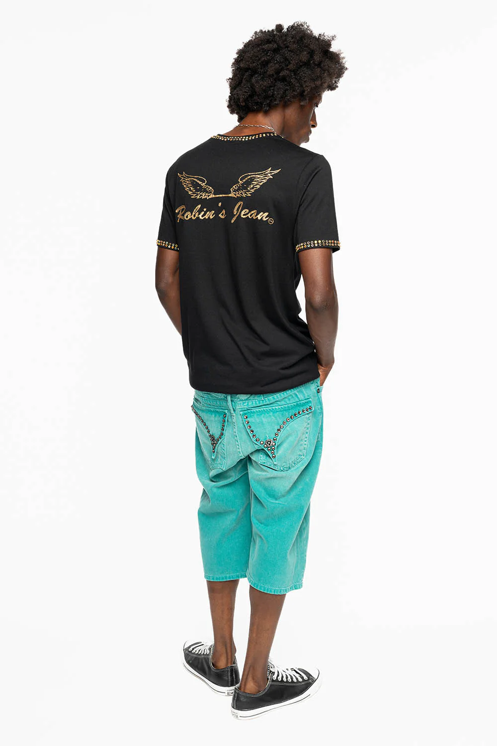MENS SHORTS WITH KILLER FLAP POCKETS IN SULFUR TEAL WASH WITH XL BLK DIAMOND CRYSTALS - Image 8