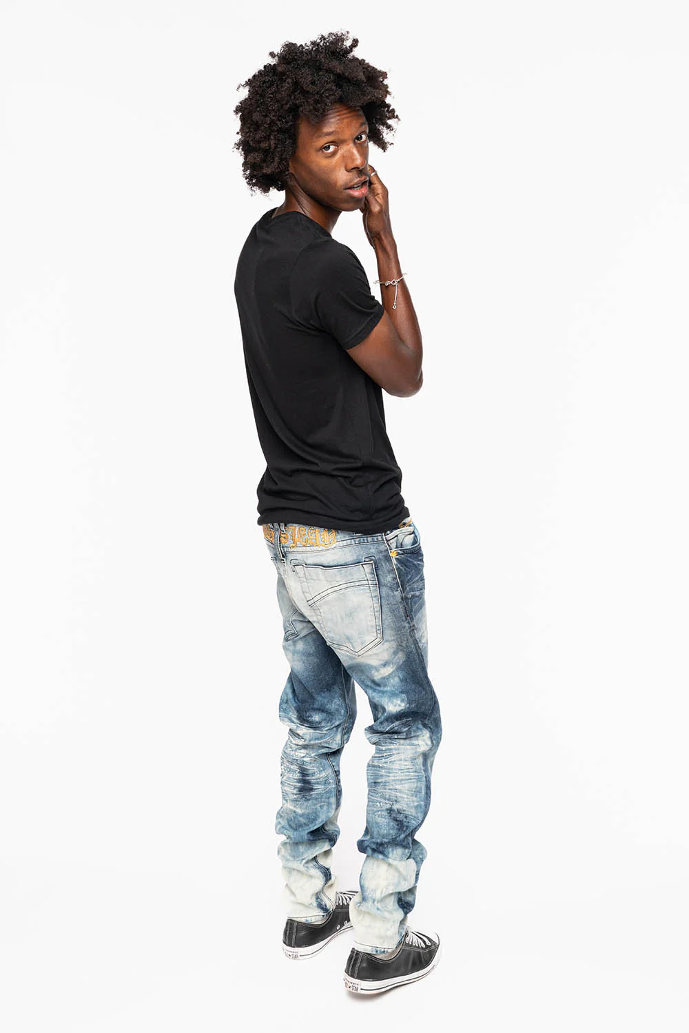 MENS SKINNY JEANS IN CLOUD JAPAN WASH WITH GOLD O.E  EMBROIDERY LOGO - Image 6