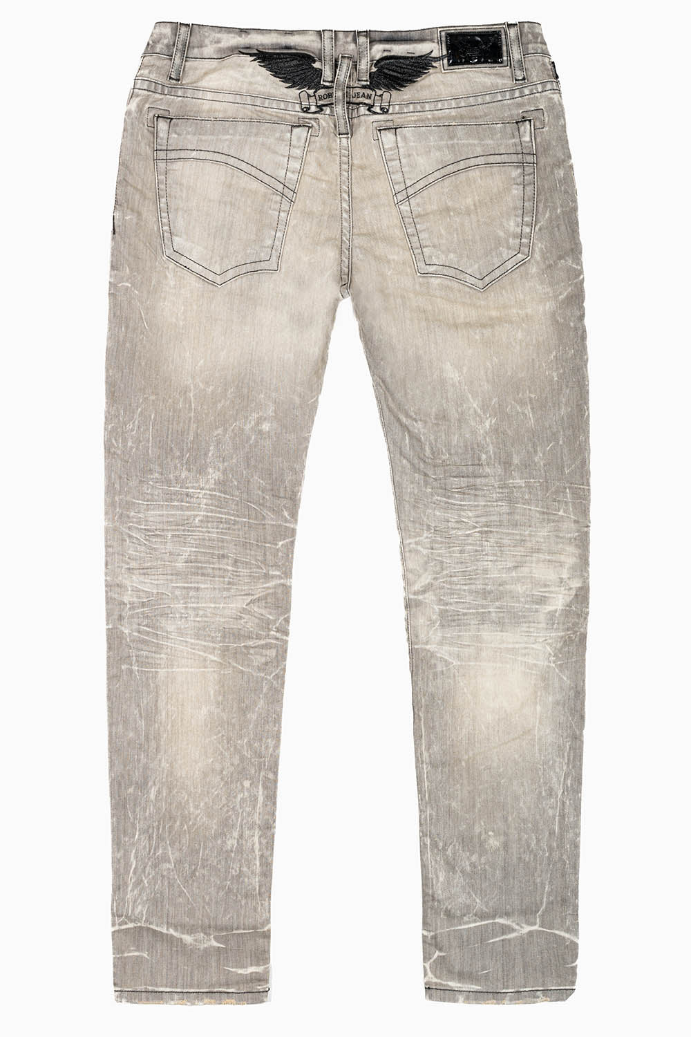 MENS SKINNY JEANS IN  GRAY 4D LIGHT WASH WITH BLK WING EMBROIDERY - Image 2