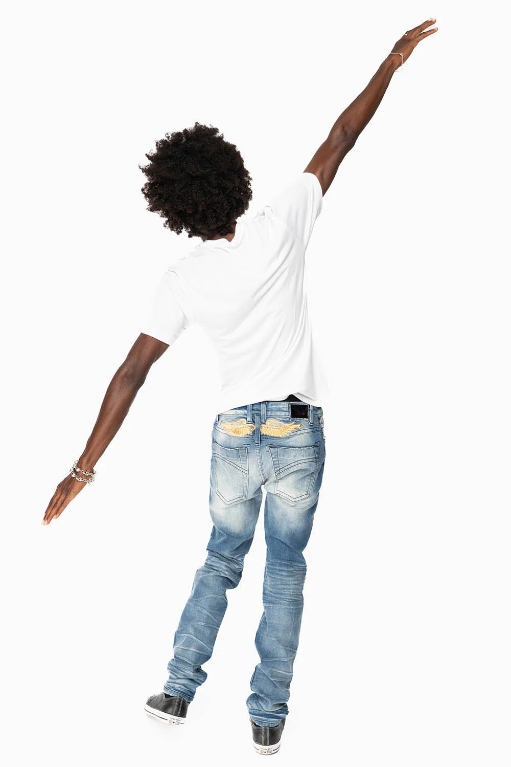 MENS SKINNY JEANS IN OMAHA MEDIUM WASH WITH GOLD WING EMBROIDERY - Image 3