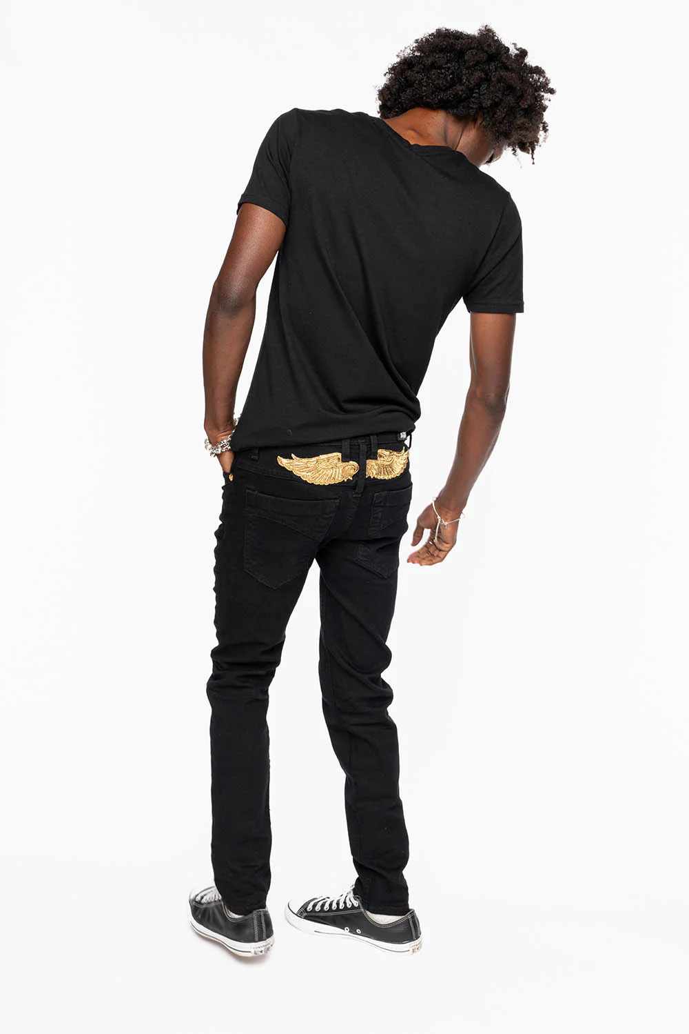 MENS SKINNY JEANS IN PURE BLK WASH WITH GOLD WING EMBROIDERY - Image 5