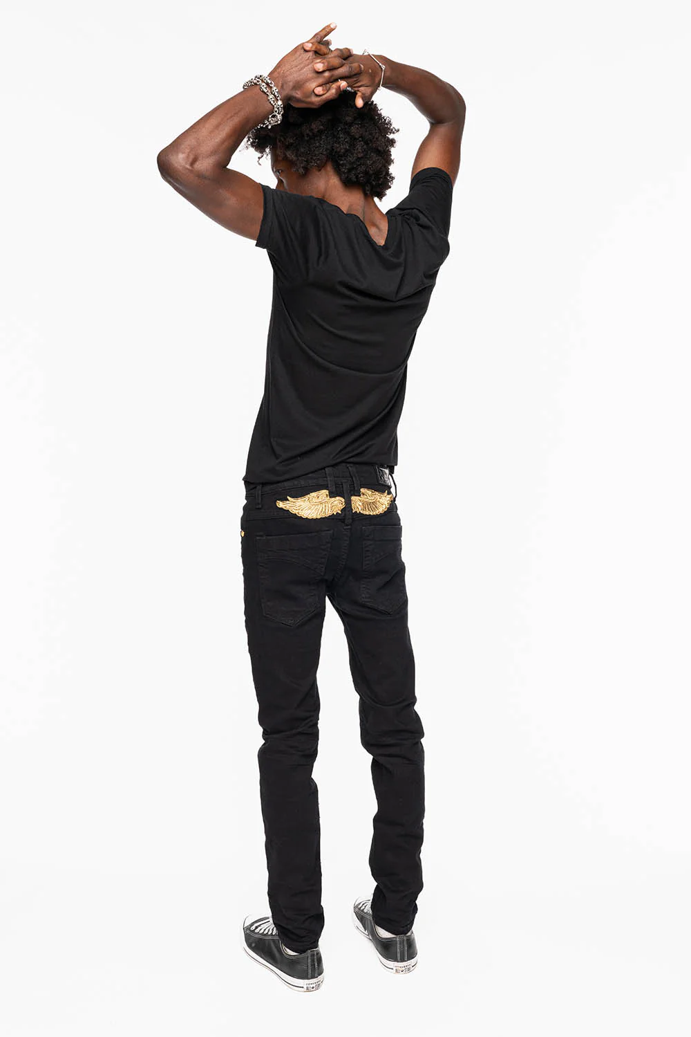 MENS SKINNY JEANS IN PURE BLK WASH WITH GOLD WING EMBROIDERY - Image 6