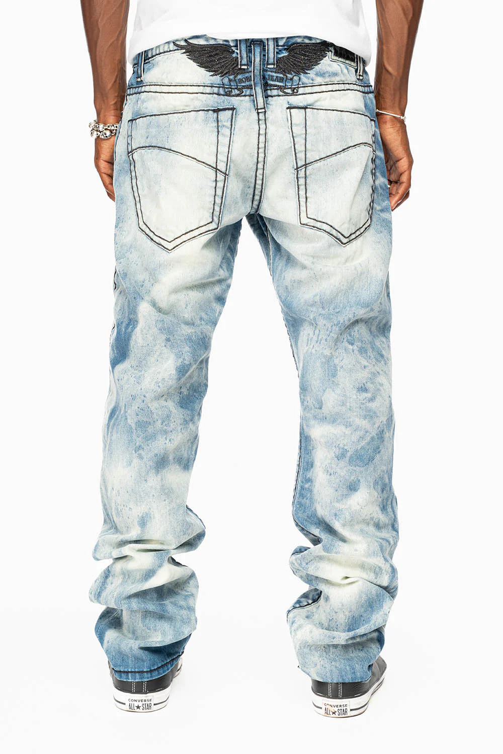 MENS SLIM FIT JEANS IN CHEROKEE DARK WASH WITH HEAVY STITCHING AND BLK EMBROIDERED WINGS - Image 4
