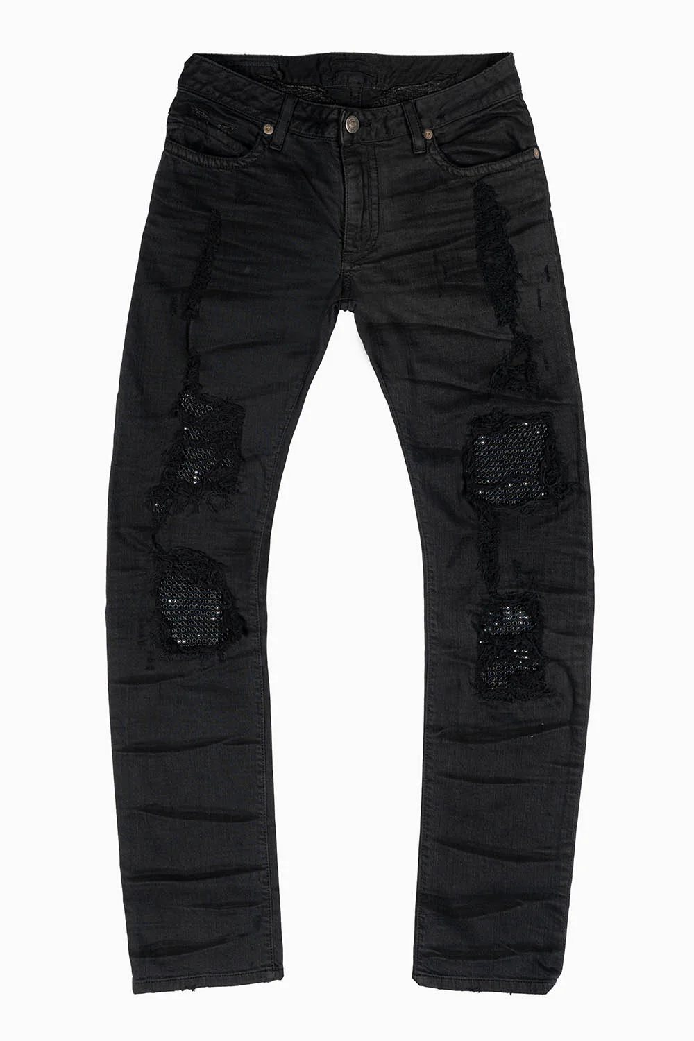 MENS SLIM FIT JEANS IN PURE BLACK EMBELLISHED WITH JET BLK CRYSTALS ON BACK POCKET AND FRONT LEGS