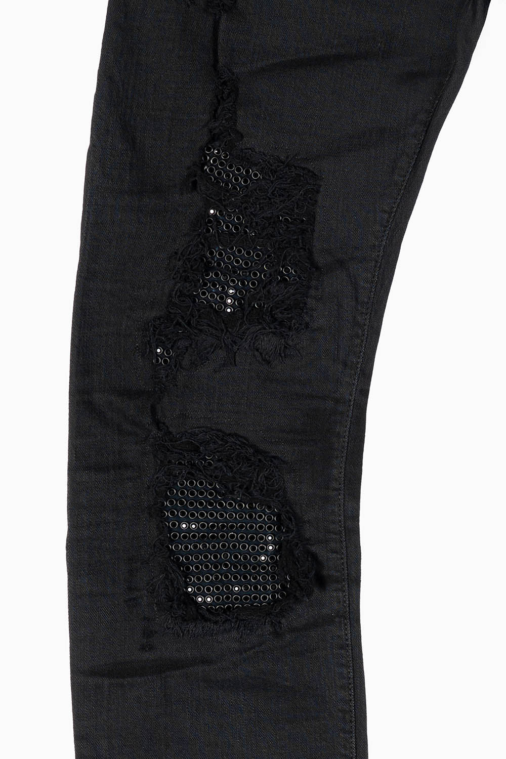 MENS SLIM FIT JEANS IN PURE BLACK EMBELLISHED WITH JET BLK CRYSTALS ON BACK POCKET AND FRONT LEGS - Image 2
