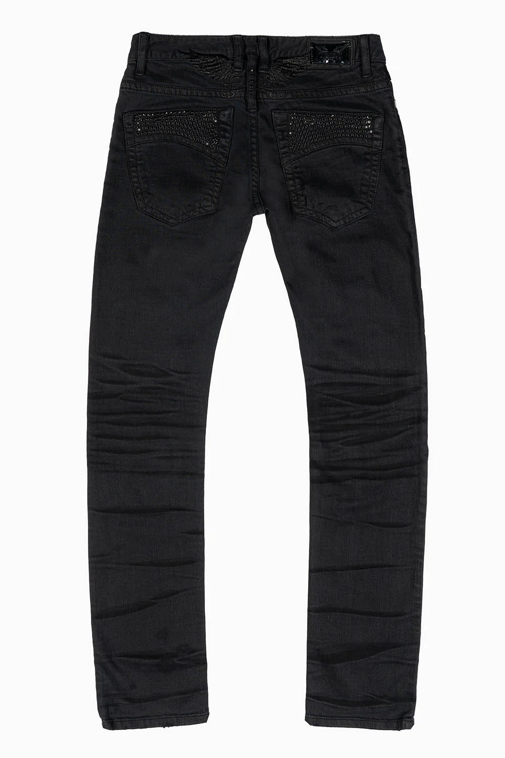 MENS SLIM FIT JEANS IN PURE BLACK EMBELLISHED WITH JET BLK CRYSTALS ON BACK POCKET AND FRONT LEGS - Image 4