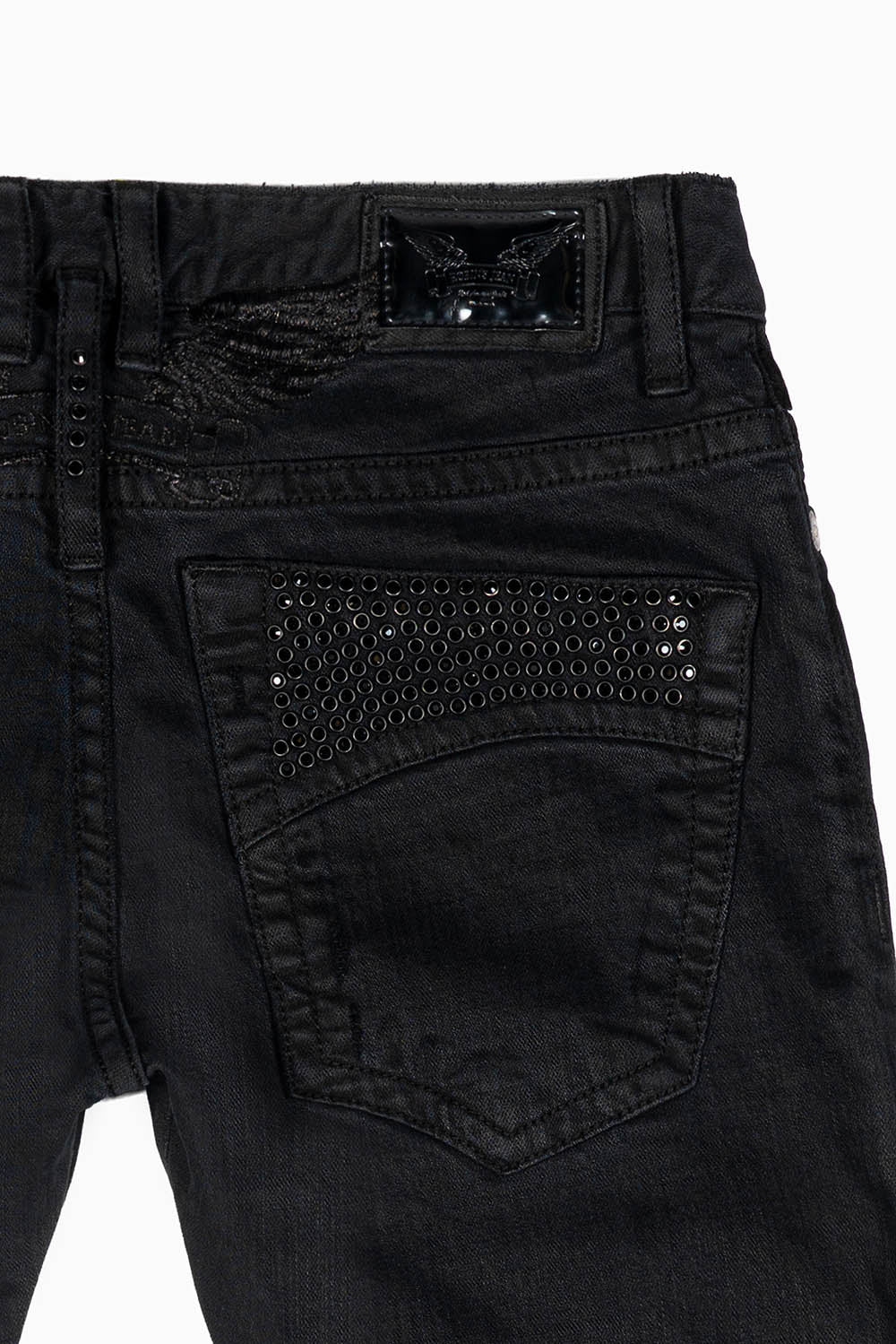 MENS SLIM FIT JEANS IN PURE BLACK EMBELLISHED WITH JET BLK CRYSTALS ON BACK POCKET AND FRONT LEGS - Image 5