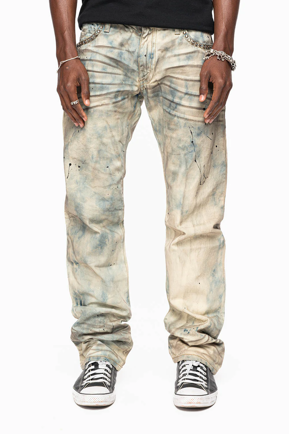 MENS SMALL FLAP POCKET STRAIGHT LEG JEANS IN FROZEN WASH WITH CRYSTALS - Image 4