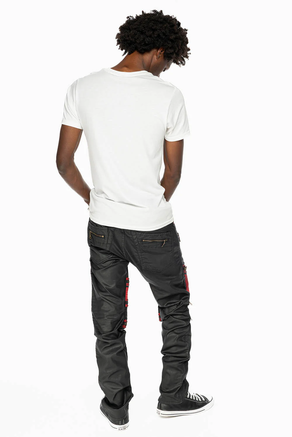 MENS THE SHOW BIKER JEANS IN BLACK DY FABRIC WITH RED INSERTS WITH EMBELLISHMENT - Image 3