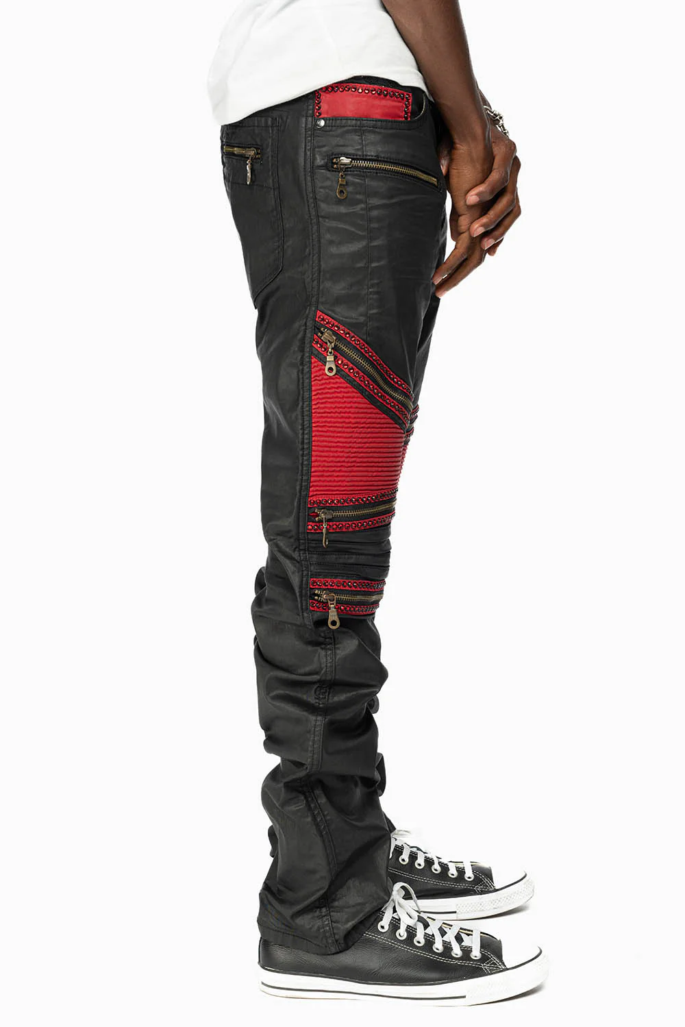 MENS THE SHOW BIKER JEANS IN BLACK DY FABRIC WITH RED INSERTS WITH EMBELLISHMENT - Image 8