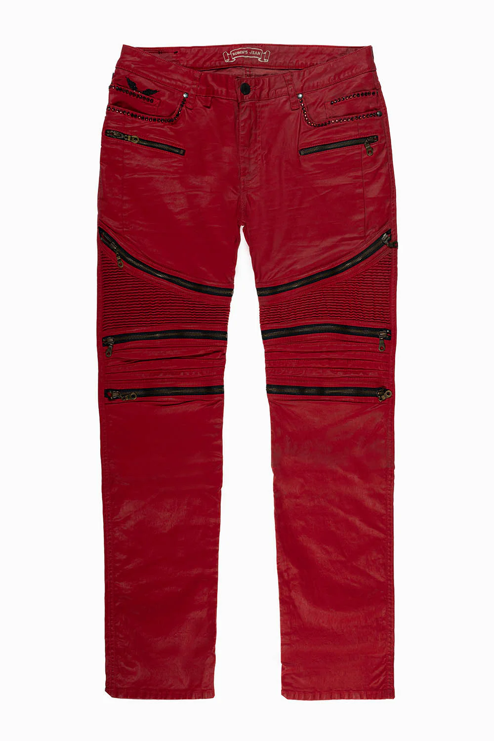 MENS THE SHOW BIKER JEANS IN RED DY FABRIC EMBELLISHED WITH RED CRYSTALS