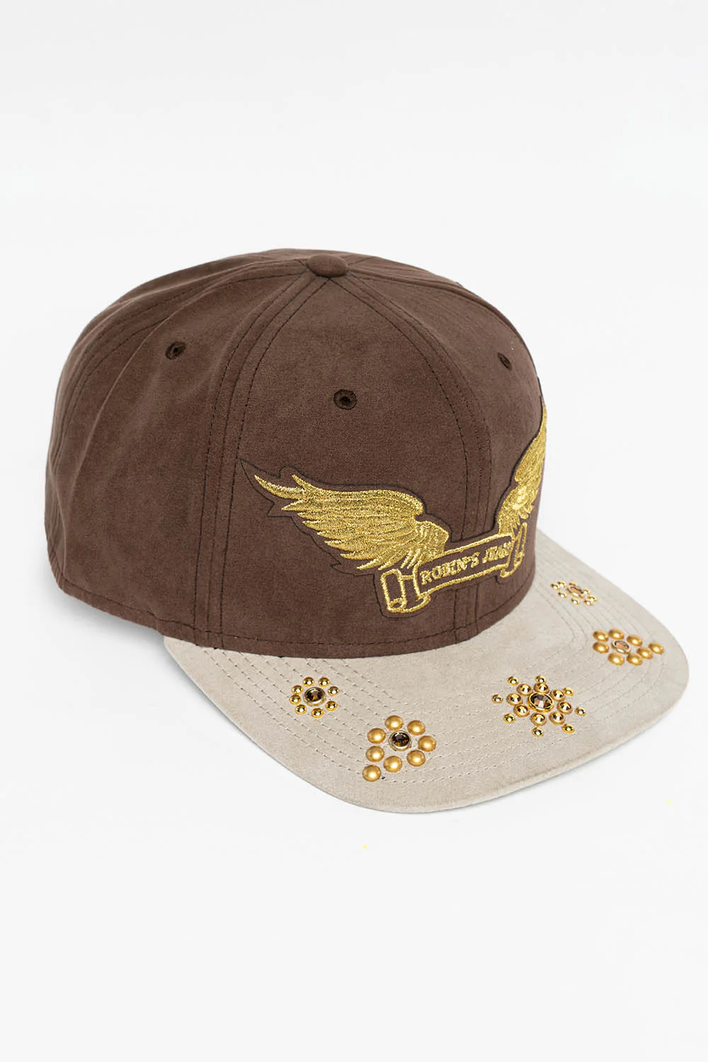 MICRO SUEDE CAP IN BROWN/STONE  COLOR IN GOLD WING LOGO EMBROIDERY WITH EMBELLISHMENT - Image 2