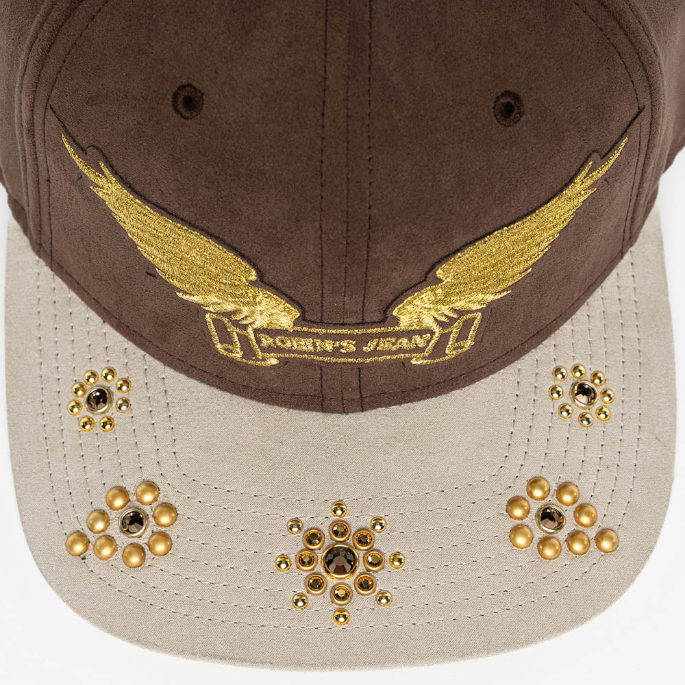 MICRO SUEDE CAP IN BROWN/STONE  COLOR IN GOLD WING LOGO EMBROIDERY WITH EMBELLISHMENT - Image 3