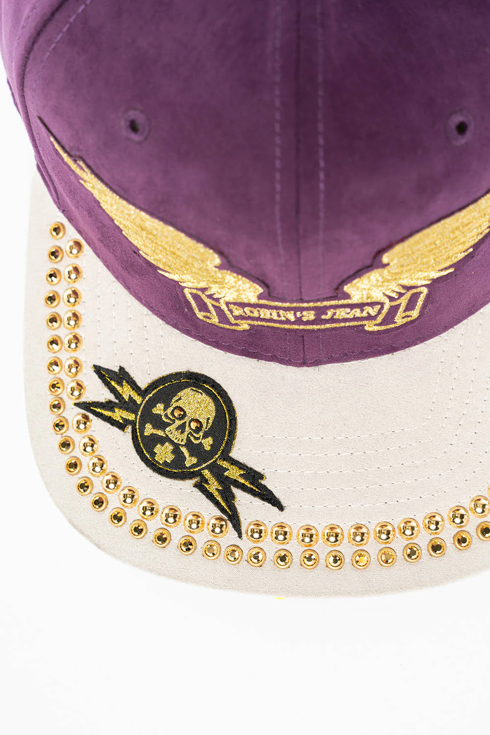 MICRO SUEDE CAP IN GRAPE/STONE COLOR WITH GOLD EMBROIDERY WINGS STUDS AND CRYSTALS - Image 2
