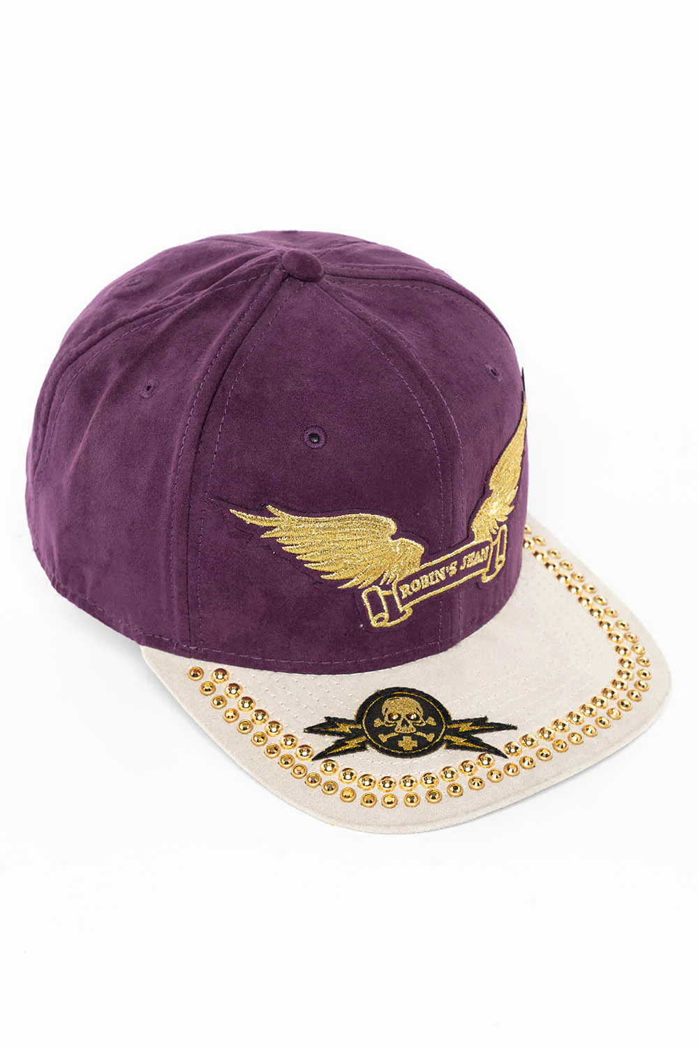 MICRO SUEDE CAP IN GRAPE/STONE COLOR WITH GOLD EMBROIDERY WINGS STUDS AND CRYSTALS - Image 3