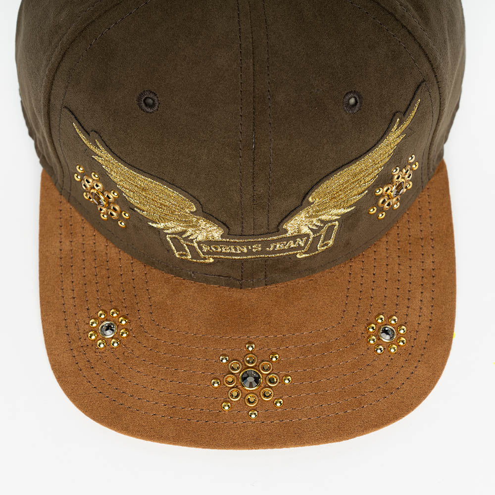 MICRO SUEDE CAP IN OLIVE /CAMEL COLOR IN GOLD WING LOGO EMBROIDERY WITH EMBELLISHMENT - Image 3