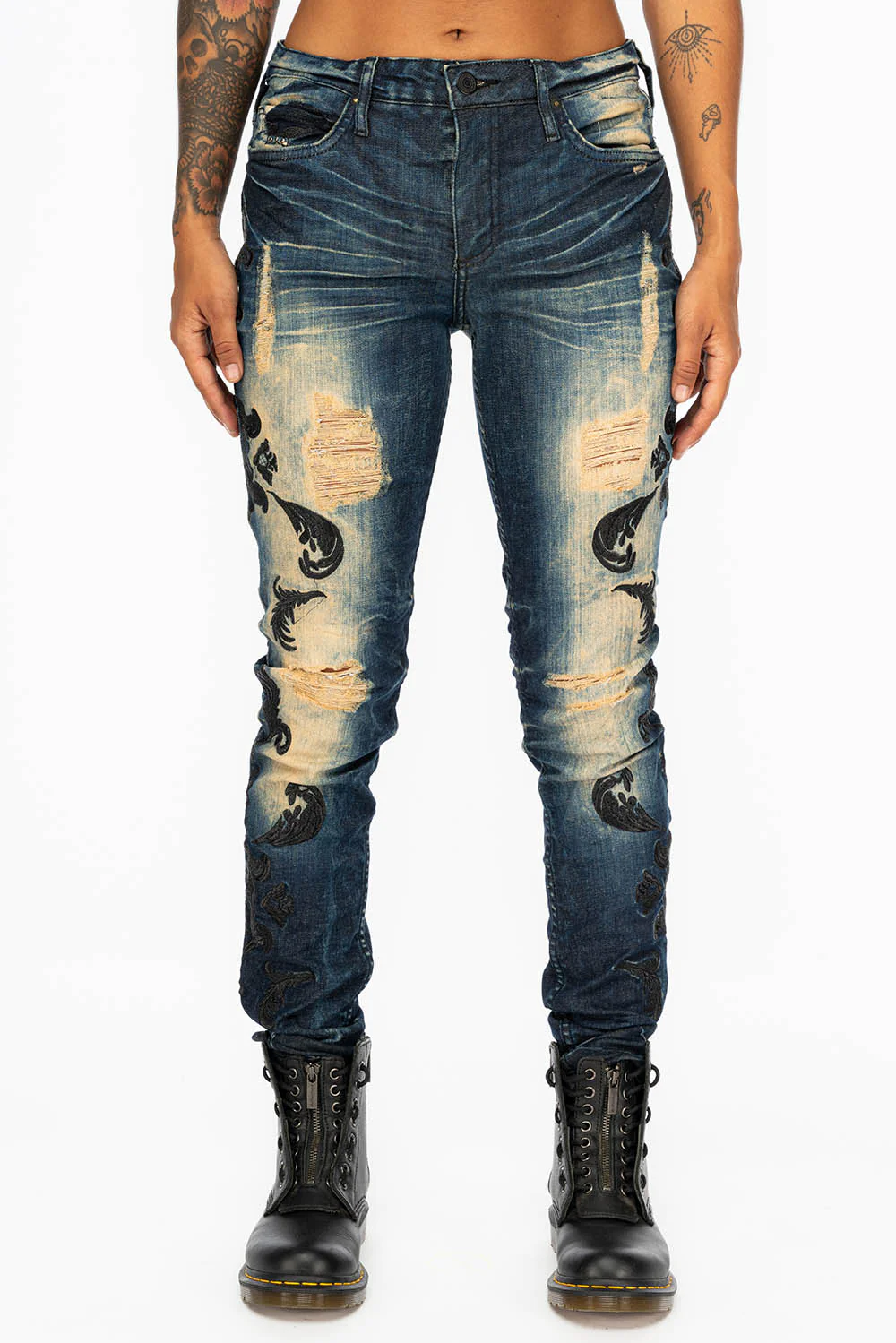 MID RISE WOMENS JEANS IN 5D DARK BROKEN  BLUE WASH WITH BLACK  EMBROIDERY - Image 8