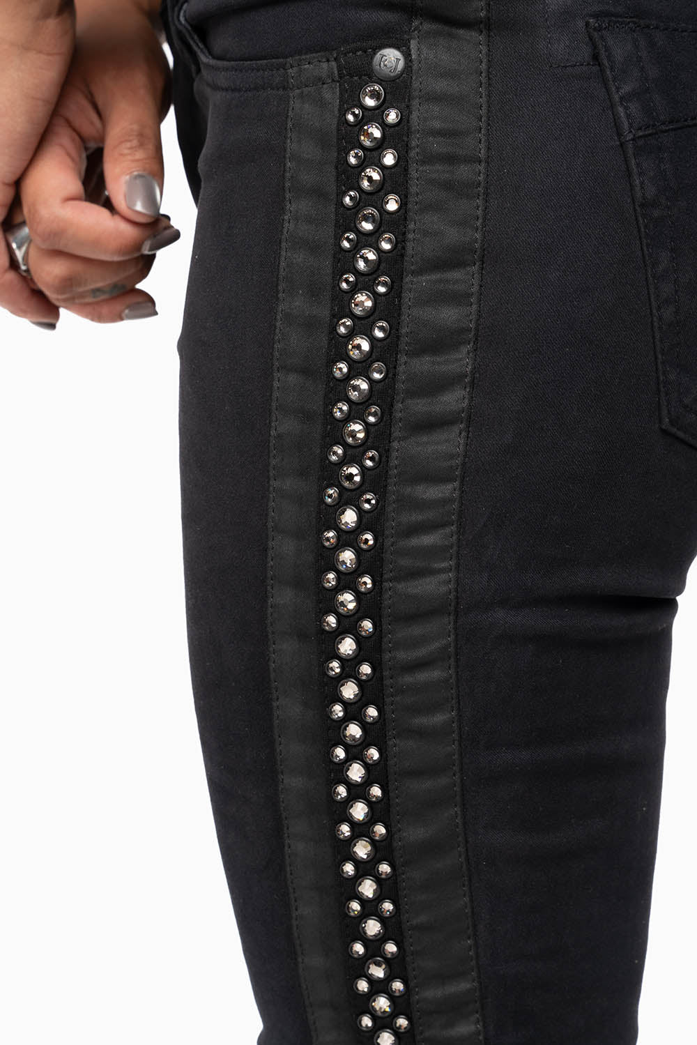 MID RISE WOMENS SKINNY BLACK JEANS WITH BLACK STRIPES EMBELLISHED WITH CRYSTALS - Image 2
