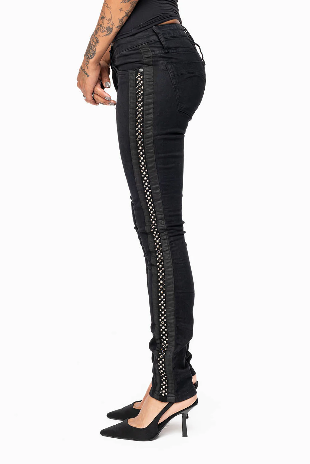 MID RISE WOMENS SKINNY BLACK JEANS WITH BLACK STRIPES EMBELLISHED WITH CRYSTALS - Image 3